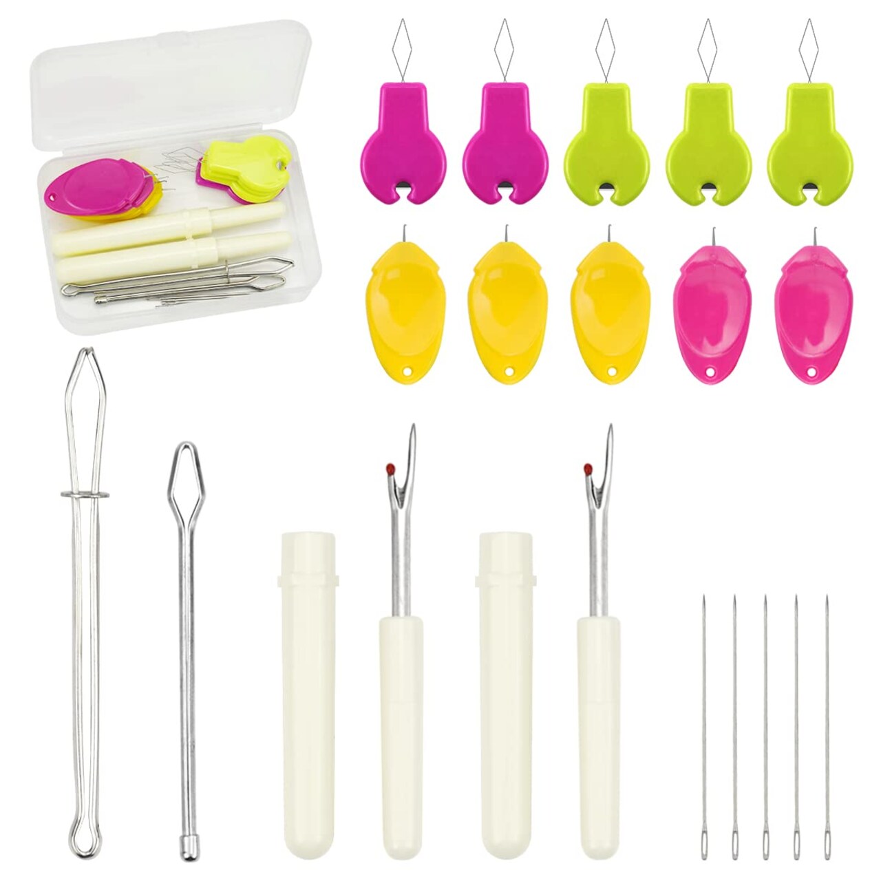 Needle Threader for Hand Sewing & Sewing Machine - 10 Simple Needle Threaders for Embroidery Floss + 2 Seam Rippers + 2 Drawstring Threaders + 5 Needles